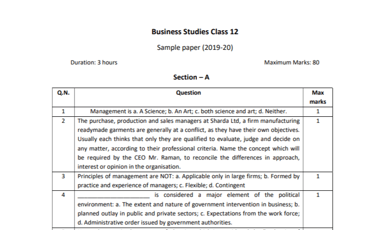 CBSE 12th Business Studies Sample Paper 2020 Download PDF
