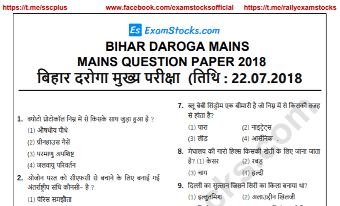 Bihar SI Mains Previous Year Question Papers PDF