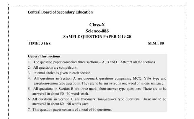 CBSE Class 10th Science Sample Paper 2020 PDF With Answers