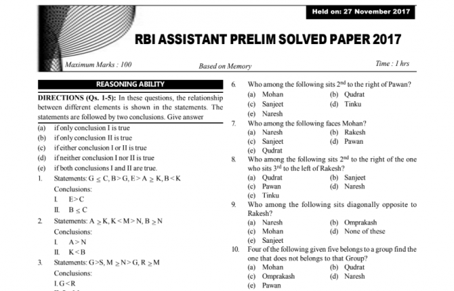 RBI Assistant Previous Year Solved Question Papers PDF