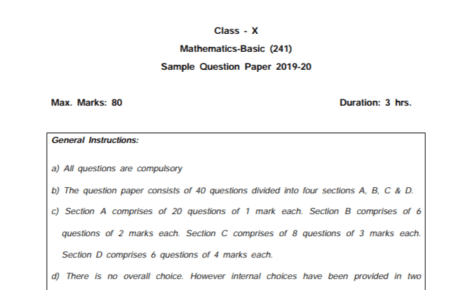 CBSE Class 10th Maths Sample Paper 2020 With Solutions PDF