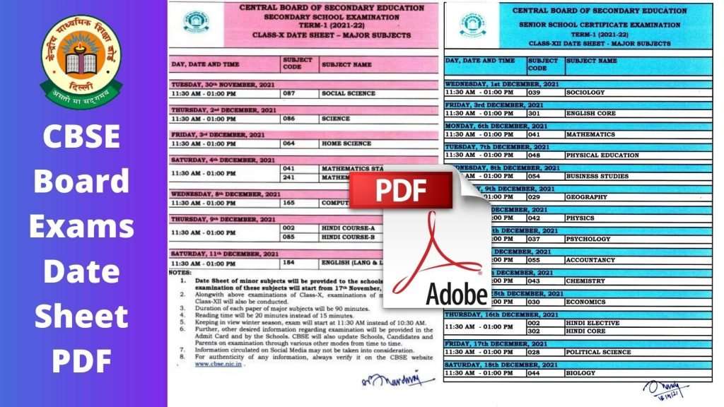 CBSE Board Exams Date Sheet PDF