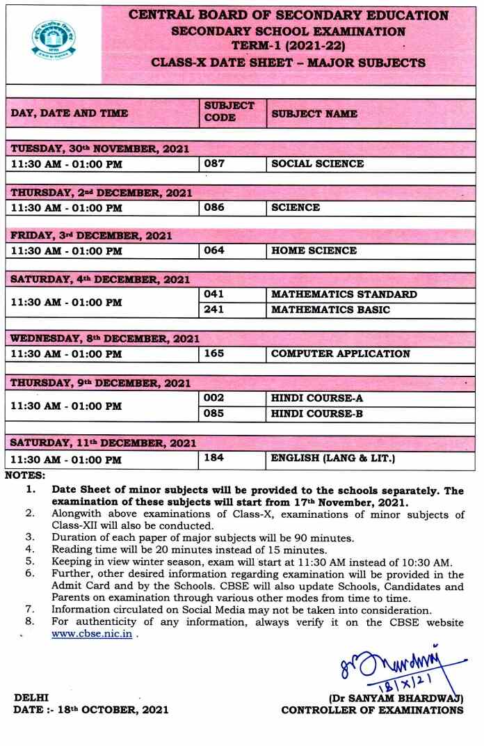 CBSE 10th date sheet 2021-22 pdf