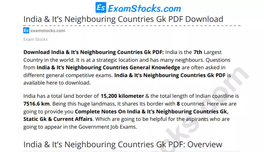 India & It's Neighbouring Countries Gk PDF Download