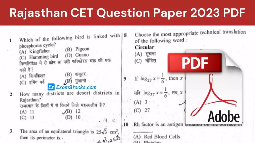 Rajasthan CET Question Paper 2023 PDF & Answer Key