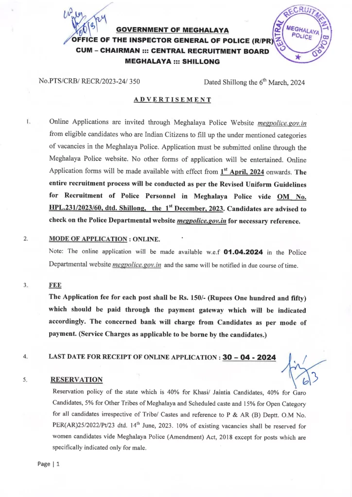 Meghalaya Police Recruitment Notification 2024 PDF